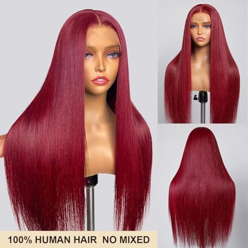99j Burgundy Lace Front Wigs Human Hair 26 Inch 13x4 Straight HD Lace Front Wig Pre Plucked Wine Red Colored Glueless Lace Frontal Human Hair Wigs for Women