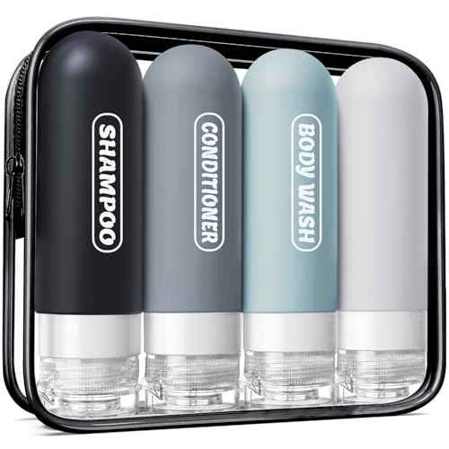 Silicone Travel Bottles for Toiletries with Labels, 3oz TSA Approved Squeezable Travel Size Containers, Leak Proof Travel Shampoo and Conditioner Bottles with Toiletry Bag (4 Pack, Dark Color)