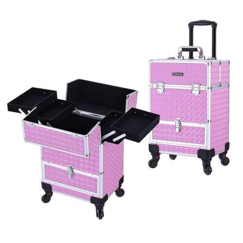 TOPACK Rolling Makeup Train Case,Professional Cosmetology Case on Wheels,Large Cosmetic Organizer Trolley Case,Makeup Travel Case with Draws,Nail Artist Hairstylist Storage Traveling Cart Trunk,Pink