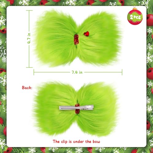 Vloso 2 Pcs Christmas Hair Bow for Girls,6 Inch Green Furry Hair Bow Clips with Red Heart,Christmas Decorations Costume Accessories Women Girls