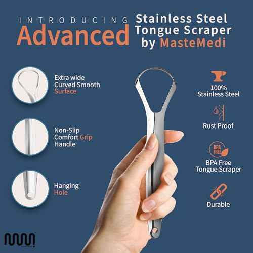 MasterMedi Tongue Scraper for Adults, 100% Stainless Steel Tongue Scrubber for Bad Breath, Easy to Use, Tongue Cleaner for Oral Care & Hygiene (SPTC-1|with Case)