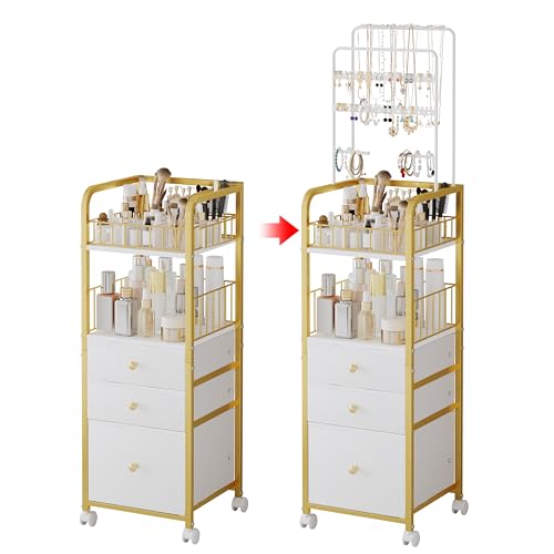 Makeup Organizer Cart with 3 Drawers, Jewelry Organizers and Storage for Earring Necklace, Large Vanity Storage Organizer for Skin Care Perfume Make up Brush Nail Polish Hair Tool (Gold)