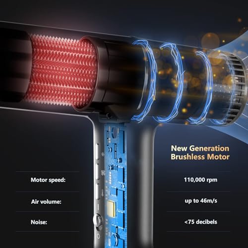 Hair Dryer, Professional Brushless Motor Ionic Hair Blow Dryer with Diffuser, Magnetic Nozzles, 0.83Pound, 2000W, 60dB, 3 Heat Settings & 3 Speed & Cold Settings, Diffuser Hair Dryer, Black