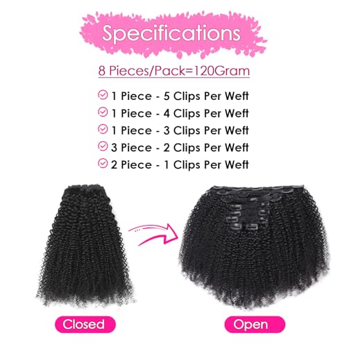 Afro Kinky Curly Clip In Hair Extensions Human Hair for Black Women 8Pcs 20 Clips Brazilian Virgin Remy Hair 4B 4C Natural Black Double Weft Thick Ends 120g Soft & Scalp-Friendly 22 Inch