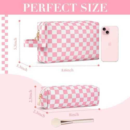 2Pcs Makeup Bag for Women, Large Checkered Cosmetic Bags with Small Makeup Brushes Bag Set, Cute Leather Make Up Orgnizer with Zipper, Travel Skincare Toiletry Storage Bag for Teens Girls Gifts(Black)