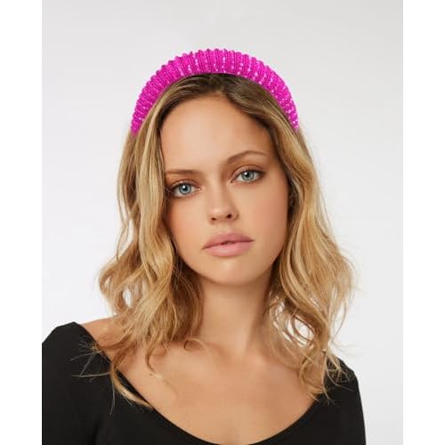 Wecoe 2pcs Pink Rose Red Rhinestone Headbands Women Girls Crystal Beaded Headband Fashion Cute Bling Sparkly Diamond Padded Thick Puffy Headbands Holiday Hair Accessories For Women Girls Gifts