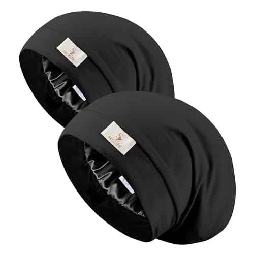 2pcs Silk Satin Bonnet Hair Wrap for Sleeping, Adjustable Strap Curly Natural Hair Night Caps for Women Men(Black&Black)