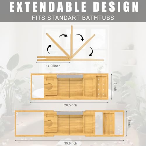 Foldable Bathtub Caddy Tray for Tub,Bamboo Expandable Bath Table Trays,Premium Bathroom Accessories for New Home & Mothers Day & Birthday Gifts for Couples,Natural