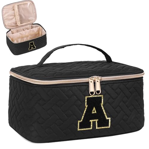 Gifts Initial Makeup Organizer Bag for Girls, Chenille Letter Personalized Cosmetic Bag with Zipper | Preppy Quilted Portable Makeup Pouch Teen Birthday Gifts Trendy for Women Friend (A)
