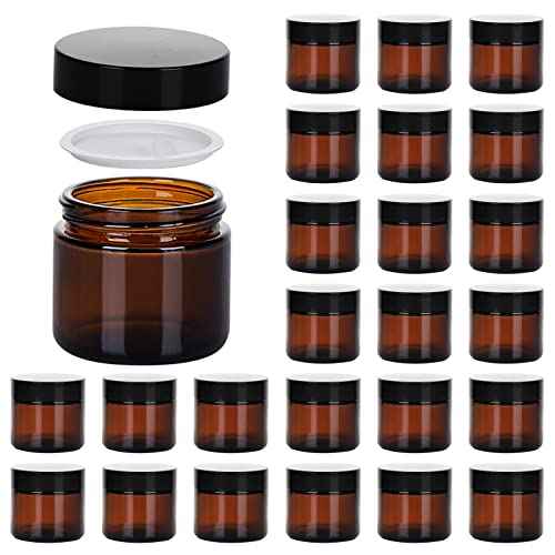 2oz Jars with Lids, Hoa Kinh 24 Pack Amber Glass Jars with Lids Empty Cosmetic Containers Round Airtight Glass Jar with Inner Liners and black Lid for Storing Lotions, Powders, and Ointments