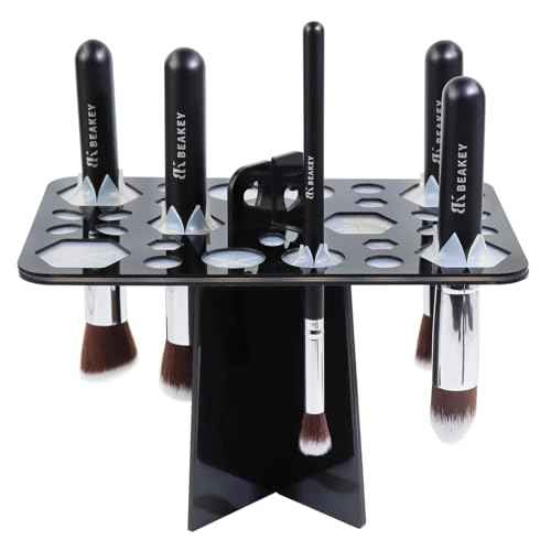 BEAKEY Make up Brush Drying Rack, Collapsible Makeup Brush Holder 28 Holes Makeup Brush Dryer Stand - Black