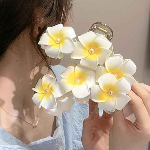 Hawaiian Plumeria and Hibiscus Flower Hair Clips for Women - Cute Large Pearl Non-Slip Claw Clips for Thick Hair, Beach Hair Accessories
