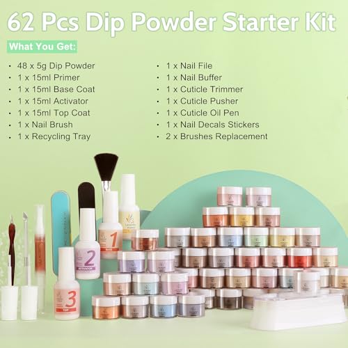 Lavender Violets 62 Pcs Dip Powder Nail Kit Starter, 48 Colors Nude Pink Brown Red Green Blue Purple Glitter with Dip Powder Liquid Set and Essential Manicure Tools for Nail Art Designs G902