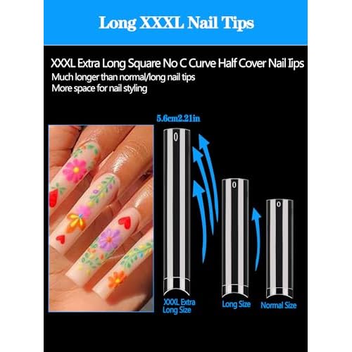 240PCS No C Curve Square Nail Tips, XXXL Half Cover Clear Nail Tips for Acrylic Nails, 3XL Straight Tapered Square Fake Nails Tips Set, 12 Sizes Flattened Acrylic Nails Tips for Nail Salons and DIY