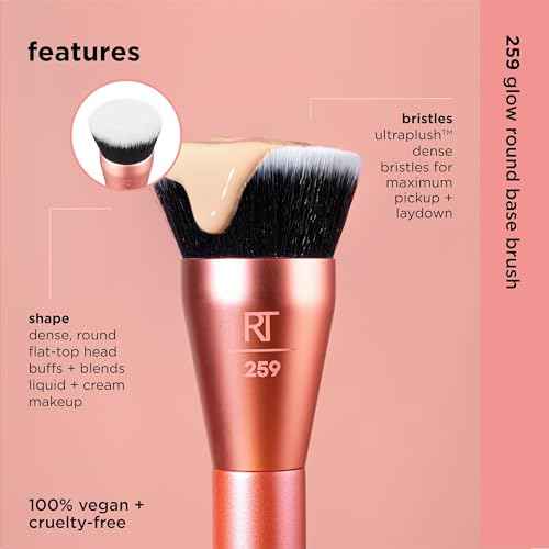 Real Techniques Glow Round Base Makeup Brush, For Liquid & Cream Makeup, Flat Top Foundation Brush For Buffing & Blending Up Coverage, Dense, Synthetic Bristles, Vegan & Cruelty Free, 1 Count