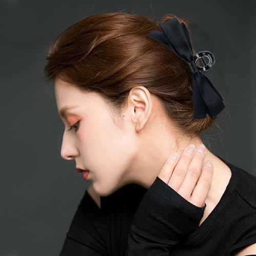 Zkptops 4Pcs Hair Claw Clips Bow Claw Clip for Women Girls Satin Claw Clamps Cute Large Bowknot Nonslip Jaw Barrettes with Tassel Hair Bow Claw Clip Accessories for Thin Thick Curly Hair (Black White)