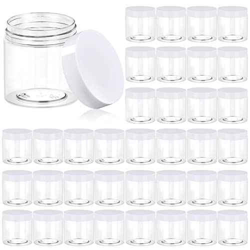 36 Pack 4 OZ Plastic Jars Round Clear Cosmetic Container Jars with White Lids, Eternal Moment Plastic Slime Jars for Lotion, Cream, Ointments, Makeup, Eye shadow, Samples, Potravel Storage