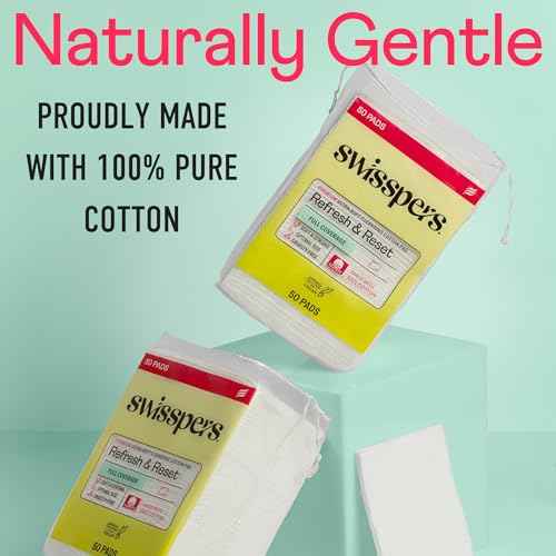Swisspers Refresh and Reset Facial Cleansing Cotton Pads - 100% Natural Fiber, Ultra-Soft Beauty Essentials for Women & Men - Cruelty-Free, Paraben-Free Skincare Application Squares (50 Count) 3 Pack