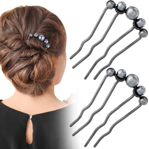 2 Pcs Pearl Hair Pins U Shaped, Elegant Vintage French Pearl Hair Comb, French Twist Hair Pin for Brides, Bridesmaid, Party, Daily, Holiday (Gun Black)