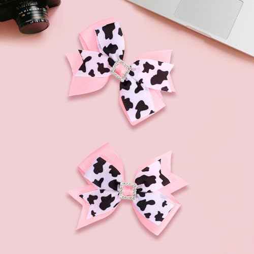 2 Pcs Pink Cow Hair Bow Clips, 4.3 Inch Animal Print Ribbon Bowknot Alligator Barrettes, Cute Print Hairpins Bows Barrettes for Cowgirls Theme Birthday Party Dress Outfit Costume Decor Accessories