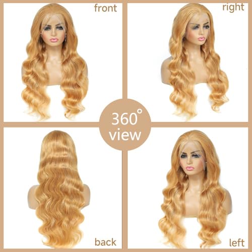 26 Inch Honey Blonde Wig Human Hair 200% Density 13x6 Body Wave Pre Plucked Glueless HD Transparent Lace Frontal Wigs Human Hair for Women