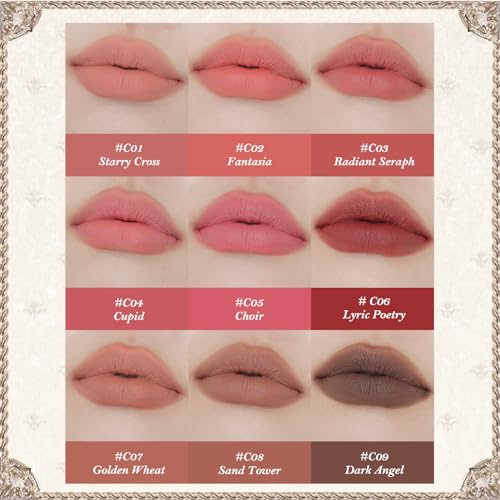 Flower Knows Little Angel Matte Lipstick,Super Soft & Ultra Silky Lip Mud Stick,Long Lasting & Moisturizing Vegan Lip Makeup for Girls&Women,Velvety Brown Finish(C09 Dark Angel)
