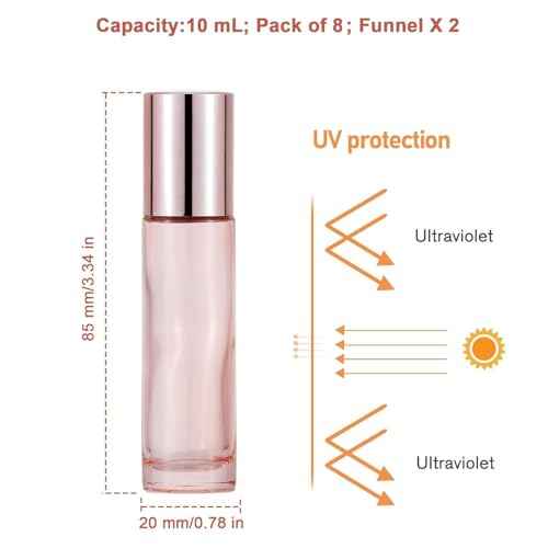 8 Pack 10mL(1/3 oz) Glass Roller Bottles for Essential Oils & Perfume, Rose Gold Roll On Vials with 2 Funnels, Travel Refillable Leak Proof Rollerball Applicator, DIY Craft Pretty Containers