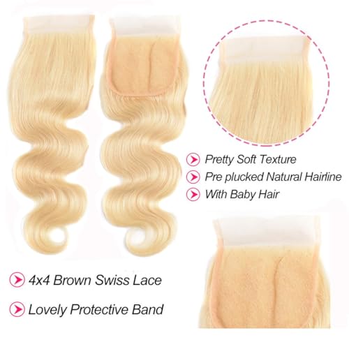 613 Human Hair Body Wave Blonde Bundles with Closure (12 14 16 +10 Inch) 100% Unprocessed 12A Grade Brazilian Virgin Hair Extensions bundles with 4 X 4 Lace front Free Part for Women