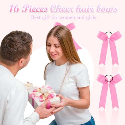 20 Pieces 9.06 inches Collegiate Cheerleader Hair Bows for Women, College Style Long Tail Skinny Cheer Bow Elastic Band Hair Bow Ties for Teen College Sports Cheeleader Sports(Pink)
