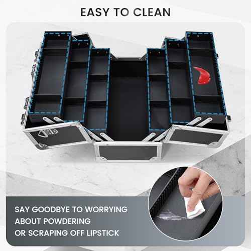 FRENESSA Makeup Train Case Makeup Case 12.6 Inch Large Cosmetic Box Organizer Travel Storage Professional Make Up Train Carrying Case with 6 Trays Locking Shoulder Strap Hard Vanity Storage Black