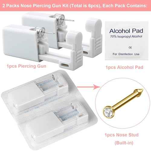 Nose Piercing Gun Kit - 6Pcs Self Nose Piercing Kit Unit Disposable Nose Piercing Gun Including 2Pcs Nose Piercing Gun with 2Pcs Built-in Nose Studs and 2Pcs Clean Tools for Nose Cartilage Tragus Helix Piercing Kit(Gold)