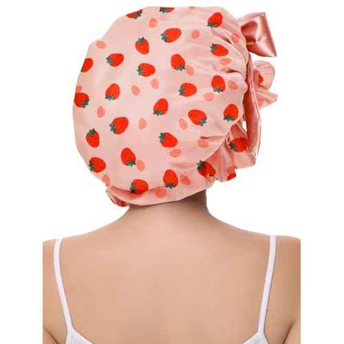 Silk Bonnet for Sleeping Women, Satin Hair Shower Cap 2025 Tie Band Adjustable Straps Head Wrap for Curly Hair Strawberries F