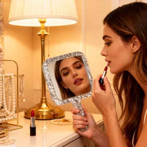 YEAKE Hand Mirror,Double-Sided Handheld 1X/5X Magnifying Mirror with Handle for Makeup, Shaving Mirror with Hole Hanging,Acrylic, 6.1" W x 10" L, Square Shape, Transparent 1 PC