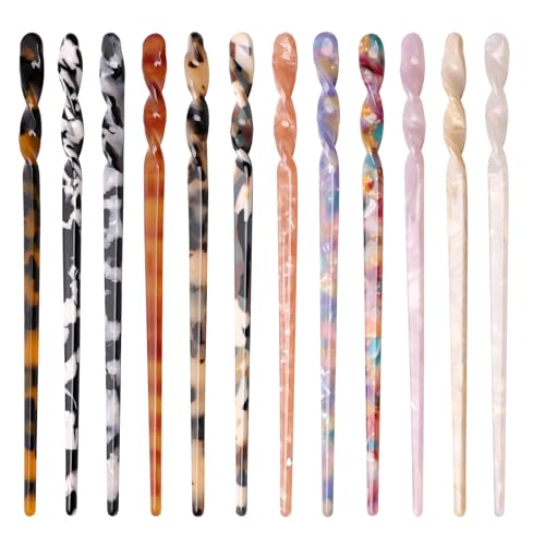 12P Acetate Hair Sticks Set, Coldairsoap 12 Colors Tortoise Shell Hair Pins Straight Chopsticks Vintage French Hair Forks for Women (12P)