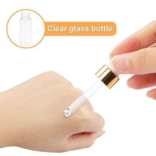 15Pcs Glass Essential Oil Bottles Tiny Clear Perfume Dropping Bottle Refillable Cosmetic Sample Vials Pot with Gold Cap and White Latex (5ml)