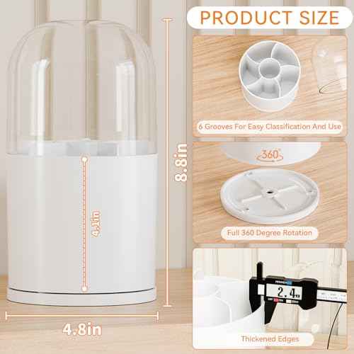 Yieach Rotating Acrylic Makeup Brush Holder with Lid for Vanity,Bathroom,Countertop,Covered Makeup Brushes Organizer,Round Spinning Cosmetic Brushes Holder and Make up Brush Storage with Cover,White