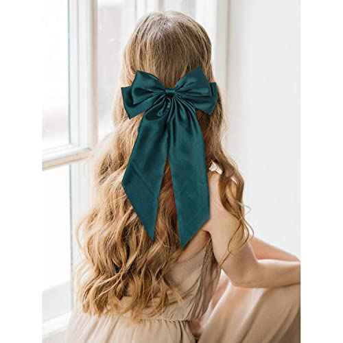 Cinaci 4 Pack Satin Silk Large Big Oversized Giant Long Tail Bow French Barrettes Ponytail Holder Christmas Red Green Hair Bows Alligator Hair Clips Ribbon Hair Accessories for Women Girls Teens