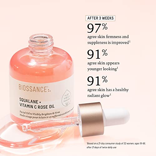 BIOSSANCE Squalane + Vitamin C Rose Advanced Facial Oil - Brightening, Firming, and Hydrating Serum for All Skin Types - Chios Crystal Oil, Damascus Rose Extract & Squalane for Radiance