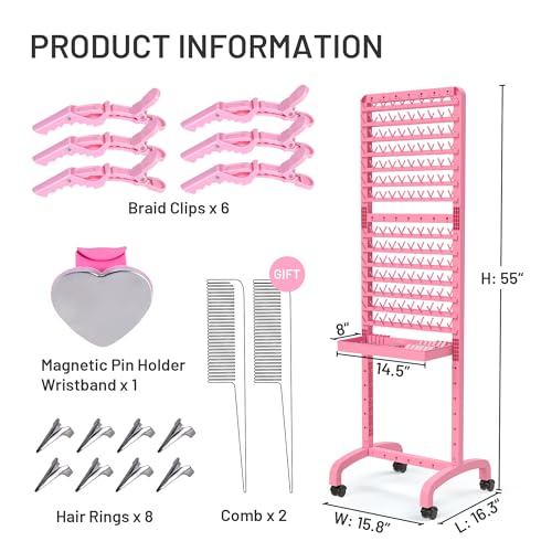 Adjustable 280 Pegs Braiding Rack, Hair Racks with Tray and Braiding Tools, 2-sided Braid Rack for Braiders, Hair Separator with Wheels