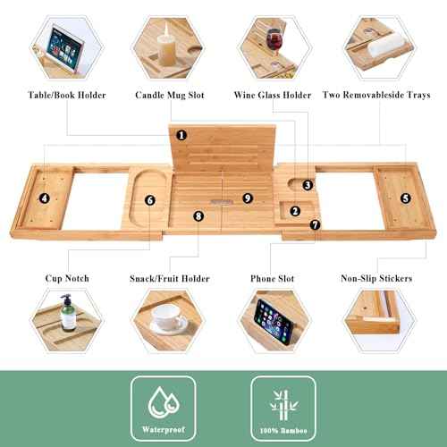 AUTODECO Bathtub Tray, Bamboo Bath Tray for Tub, Expandable Bath Tray with Bamboo Book Stand, Soap Tray, Bathtub & Bathroom Accessories Perfect for Home Spa, Natural Colour