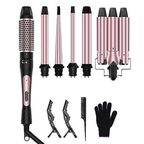 6 in 1 Wand Curling Iron, 3 Barrel Curling Iron Set with Thermal Brush (1.5") and 5 Interchangeable Ceramic Wand Curler (0.35"-1.25"), 2 Temp Heating Setting, Halloween Christmas Gifts for Women