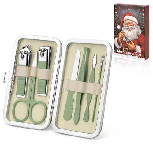 Green Manicure Set, Nail Clipper Set 7 in 1 Manicure Kit Stainless Steel Nail Clipper Kit Pedicure Kit Portable Nail Grooming Kit Fingernail Toenail Clippers for Men Husband Boyfriend Women