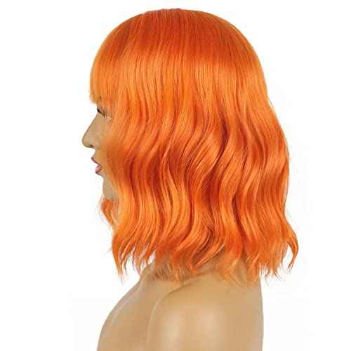 Wavy Wig With Bangs Women's Short Orange Wigs Curly Wavy Bob Synthetic Cosplay Wig for Girls Daily Use Halloween Wigs(12" Orange)