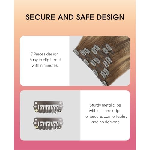 Youngsmile Human Hair Clip in Extensions, 16 Inch 120g 7Pcs Hair Extensions Clip in Balayage Chocolate Brown Mixed Caramel Blonde Human Hair Easy to Install,Thick End,Soft Silk (CLIP#4/27/4-16Inch)
