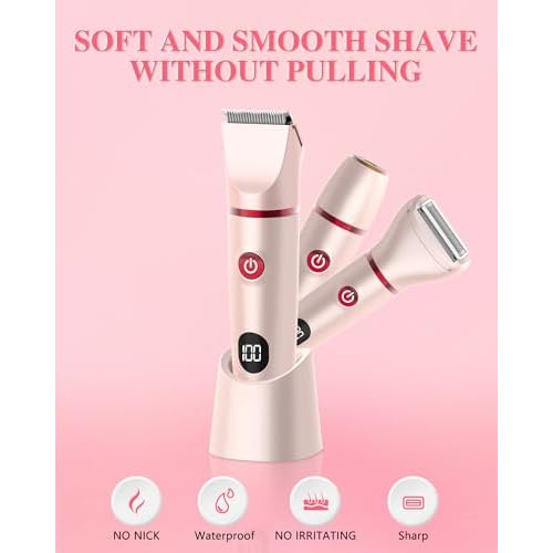 3-in-1 Bikini Trimmer for Women, Electric Razors Shaver for Public Hair - Rechargeable Body Hair Trimmer, Portable Detachable Removal Kit, lPX7 Waterproof Lightweight with LED Display, Gift for Women