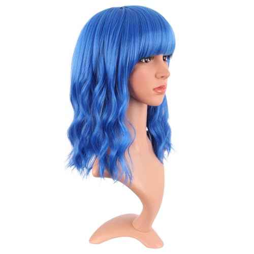 MapofBeauty 14 Inch/35 cm Short Wavy Curly Women Fresh Bright Synthetic Ordinary Flat Bangs Bob Wig (Blue)