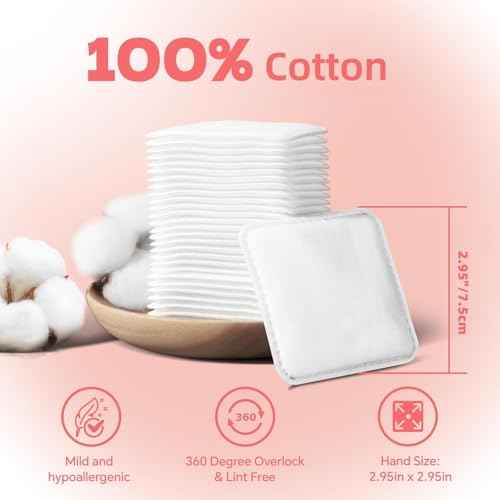 Square Cotton Pads,100% Cotton, Not to Shed or Fall Apart, 60 Count, Unique Triple-Layer Design for Daily Skin Care