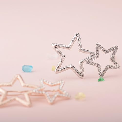 2Pcs Hollow Star Hair Clips, Non-Slip Metal Geometric Hairpin, Elegant Rhinestone Hair Barrettes for Women Lady Girls Styling Hair Accessories (Silver)