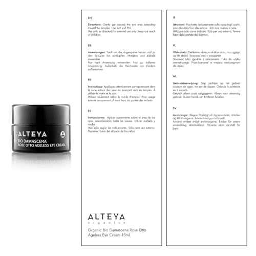 Alteya Organics Eye Cream Certified Organic Skin Care 0.51 Fl Oz/15 mL Bio Damascena Award-Winning Ageless Eye Contour Cream With Organic Bulgarian Rose Oil Brightening, Nourishing and firming