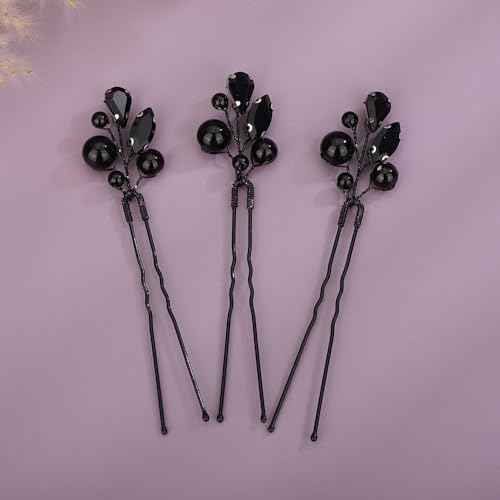 Teyglen Crystal Bride Wedding Hair Pins Black Pearl Hair Pins Clips Wedding Hair Accessories for Bride Rhinestone Pearl Headpiece Crystal Bridal Hair Piece for Women Girls (Black)